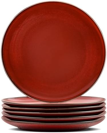 vicrays Ceramic Round Plates Set of 6 - Porcelain 10 inch Dinner Plates for Salad Dessert Appetizer Bread - Microwave Oven and Dishwasher Safe Cherry Red by VicraysCeramic
