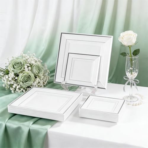 Festiva 350Pcs Silver Plates - Silver Square Plastic Plates 9 .5" and 6" - serve for 50 guests include 50 Cups 50Plastic Cutlery 50Hand Napkins Perfect for Party&Wedding&Birthday - Image 5