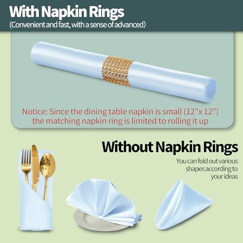 Light Blue Satin Napkins & Rings Set, 100 Pack, 12x12 Inch - Image 2