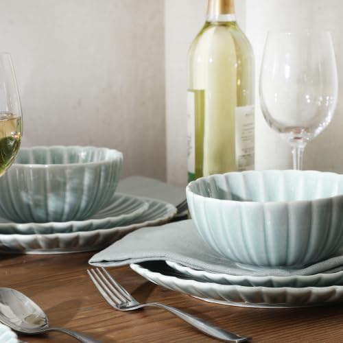 Gibson Elite Peach Orchard 12-Piece New Bone China Dinnerware Set Service for 4, Embossed Fluted Plates and Bowls, Dishwasher and Microwave Safe, Aqua Blue - Image 5