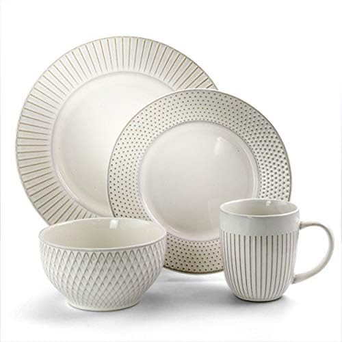 Elama Market Finds 16 Piece Round Stoneware Dinnerware Set in Embossed White - Image 2