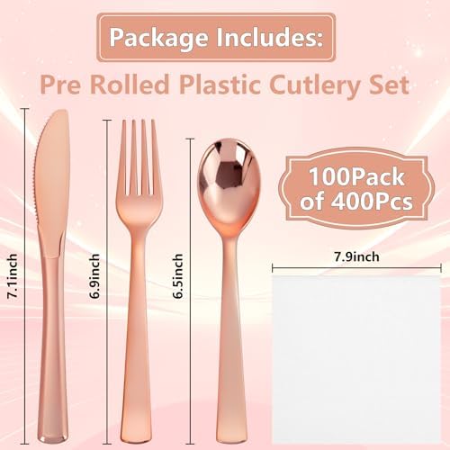 400PCS Pre Rolled Rose Gold Plastic Silverware Heavy Duty for Party - Image 3