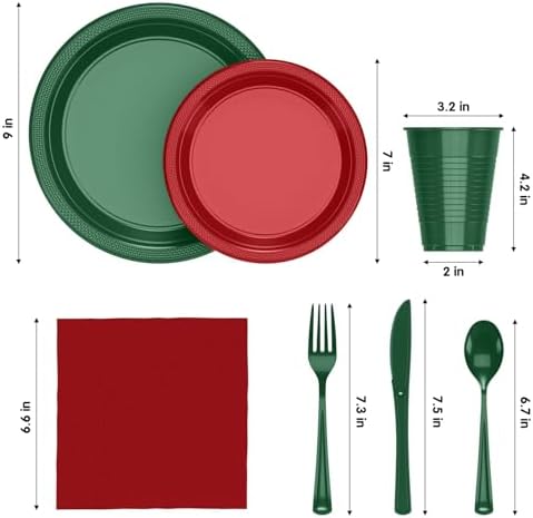 350 Pcs Christmas Plastic Plates for Party Red & Green Disposable Plates Set 50 of Each 9 Dinner Plate Set 7 Dessert Plate Cups Napkins & Cutlery Plastic Dinnerware Exquisite - Image 2