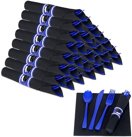 30 Pack Pre Rolled Blue Plastic Silverware Set with Napkin by Dlebay