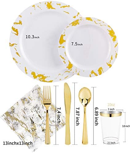 Nervure 175PCS Gold Plastic Plates with Marble Printing & Gold Plastic Silverware:50 Plates, 25 Forks, 25 Knives, 25 Spoons, 25 Cups, 25 Napkins for Thanksgiving & Wedding - Image 2