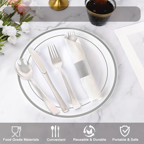 60 Pack Pre Rolled Silver Plastic Silverware Set with Napkin - Image 3