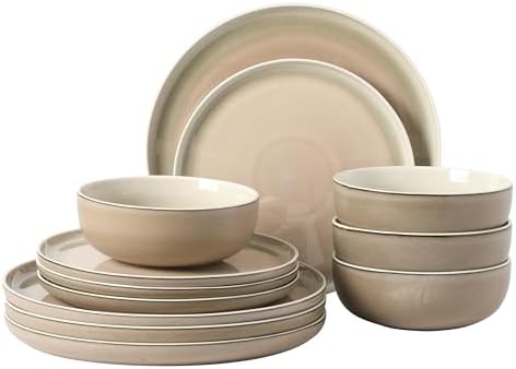 Gibson Elite Island Bay 12-Piece New Bone China Dinnerware Set Service for 4, Reactive Glaze Plates and Bowls, Dishwasher and Microwave Safe, Cream and Green by GibsonHomewares