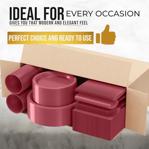 Exquisite 350 Pcs Burgundy Plastic Plates For Party, Burgundy Disposable Plates Set, 50 Of Each 9" Dinner Plate Set, 7" Dessert Plate, Cups, Napkins & Cutlery Plastic Dinnerware Set - Image 3