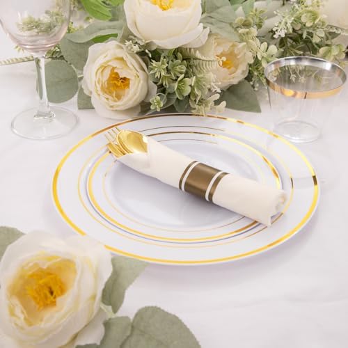 WELLIFE 210 Piece Gold Plastic Dinnerware Set, Include: 30 Dinner Plates, 30 Dessert Plates, 30 Pre Rolled Napkins with Silverware and 30 Cups - Image 4