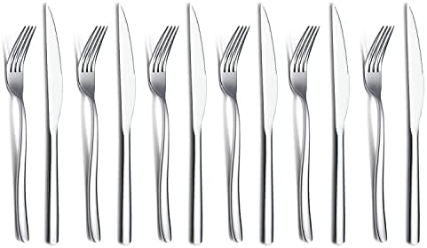 Steak Knives Set 12 Piece, Premium Stainless Steel 6 Dinner Forks and 6 Dinner Knives Set, Steak Knives Steak Forks for 6 Person, Mirror Polish, Dishwasher Safe (Shiny Silver) by HOMQUEN