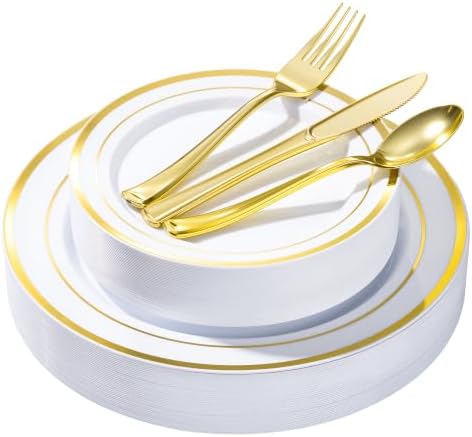 Goodluck 125 PCS Gold Rim Plastic Plates and Cutlery Set for 25 Guests by GoodLuck