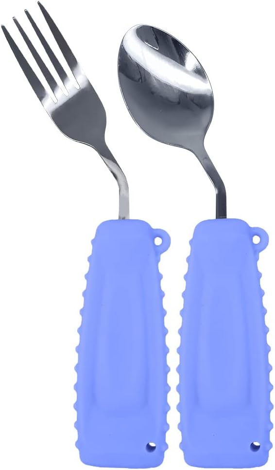 Adaptive Utensils,Curved Angled Spoon and Fork Set,for Tremors Parkinsons Limited or Elderly,Lightweight Cutlery with Non-Slip Easy Grip Handles (Right Hand Spoon and Fork Set,Pack of 2,Purple)