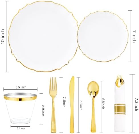bUCLA 175PCS White and Gold Plastic Plates - 25 Guests for Party, Wedding - Image 2