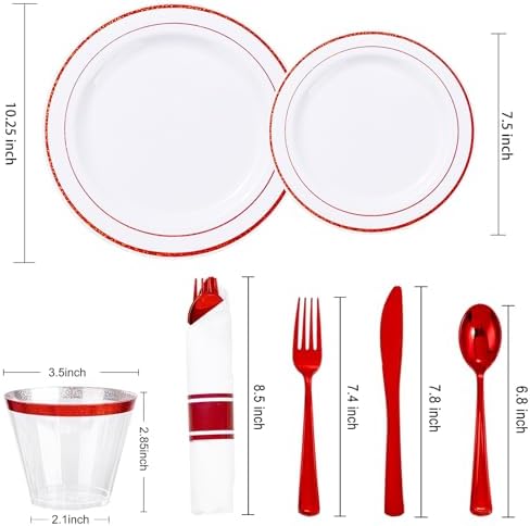 WELLIFE 350-Piece Red Plastic Party Dishware Set - 50 Dinner Plates, 50 Dessert Plates, 50 Cups, 50 Plastic Cutlery - Image 2