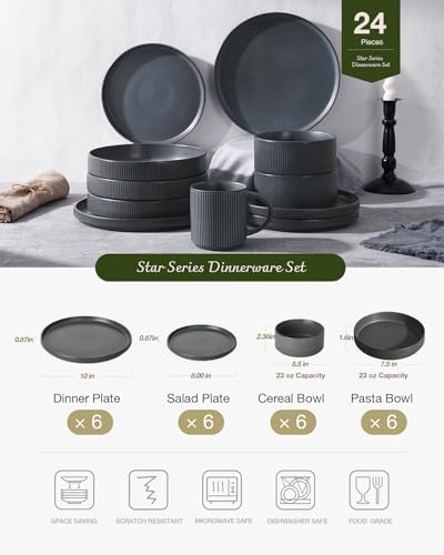 Famiware Star Stoneware Dinnerware Sets with Pasta Bowls, 24pc Dishes for 6 - Image 3