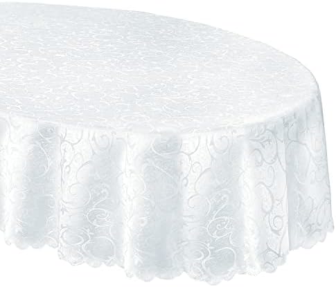 Newbridge Portofino Scalloped Damask Fabric Tablecloth, 60 x 84 Inch Oval, White, Wrinkle and Stain Resistant Fine Dining Holiday Party Table Cover - Image 3