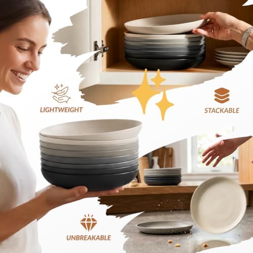 Homienly Wheat Straw Plates Set of 8, Reusable Lightweight and Unbreakable 9 inch Plates, Premium Microwave and Dishwasher Safe Plates for Kitchen, Camping, Picnic, Party - GreyStone - Image 5
