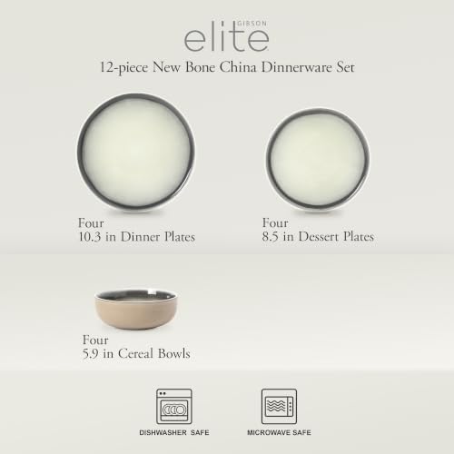 Gibson Elite Island Bay 12-Piece New Bone China Dinnerware Set Service for 4, Reactive Glaze Plates and Bowls, Dishwasher and Microwave Safe, Black and Cream - Image 2