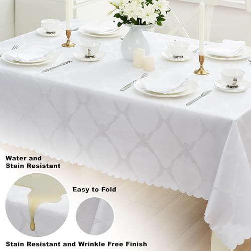 Newbridge Holiday Ribbons Bows White 60 x 84 Rectangle Tablecloth | Thanksgiving Christmas Jacquard Damask Table Cover, Water Stain Wrinkle Resistant, Winter Formal Dinner Party Dining Décor - Image 3