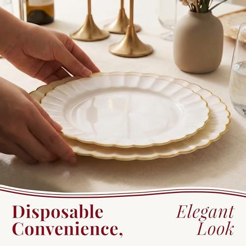 By Madee HEAVYWEIGHT Ivory Gold Scalloped Disposable Plates for Party 60 Pc - Image 3