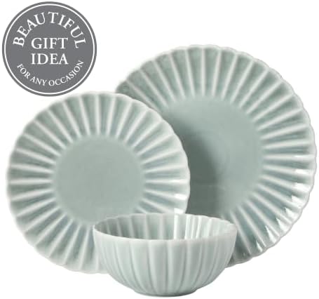 Gibson Elite Peach Orchard 12-Piece New Bone China Dinnerware Set Service for 4, Embossed Fluted Plates and Bowls, Dishwasher and Microwave Safe, Aqua Blue - Image 4