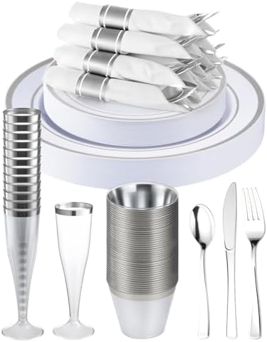 Goodluck 200 PCS Silver Dinnerware Set, Party Plastic Plates for 25 Guests by GoodLuck