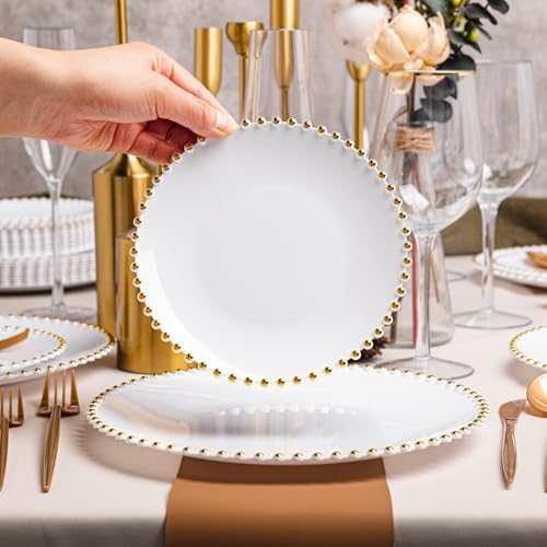 HOMIP 50PCS Disposable White Plastic Plates with Gold Pearl-Beaded Rim - Image 6