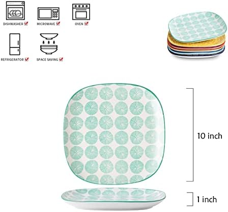 Selamica Porcelain Square Dessert Salad Pasta Steak Plates 10 inches ceramic plates set of 6 microwave/dishwasher/oven safe, Assorted Colors - Image 2