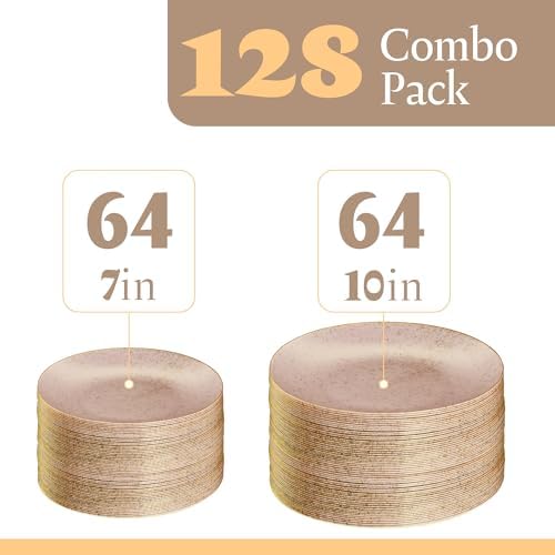 PLASTICPRO 128 Pack Elegant Disposable Plastic Plates Combo Set Bulk Pack Includes 64 Dinner Plates and 64 Salad Plates Heavy Duty Fancy Party Plates Pink Granite Plates with Gold rim - Image 4