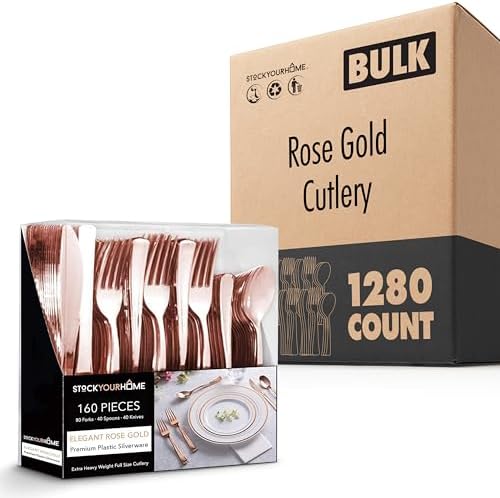 Rose Gold Plastic Silverware Set (1280 Bulk Pack) Disposable Cutlery Utensils, 80 Forks, 40 Knives, 40 Spoons, Heavy Duty Rose Gold Flatware For Holidays, Parties, Dinners, Weddings, Stock Your Home by StockYourHome