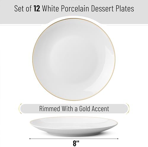 BTaT- White Dessert Plates with Gold Rim, Set of 12, 8", Porcelain, Small Plates for Appetizers (Pack of 2) - Image 2