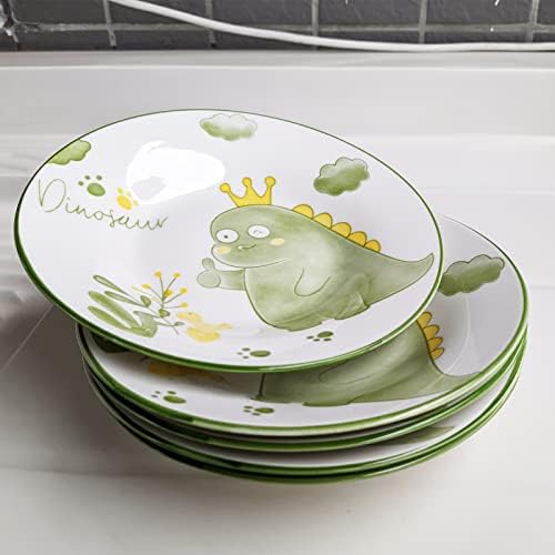 Set of 5 Porcelain Plates with Dinosaur Pattern, 7 inch Large Dessert Salad Ceramic Dinner Plates, Serving Pasta Dishes for Steak, Pasta, Pizza, Appetizer (Dishwasher & Microwave Safe) - Image 4