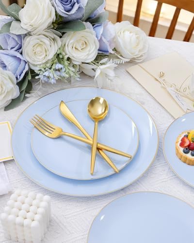 bUCLA 150PCS Blue Plastic Plates - Light Blue and Gold Disposable Include 25 Each (Dinner & Dessert) Plates, 25 Knives, 25 Forks, 25 Spoons and 25 Cups, Ideal for Party, Birthday & Wedding - Image 5
