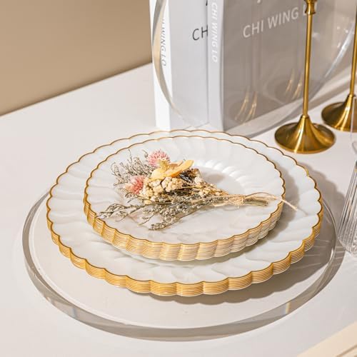 Lullaby 60PCS Pearl White Scalloped Plastic Plates with Gold Rim for Party - Image 4
