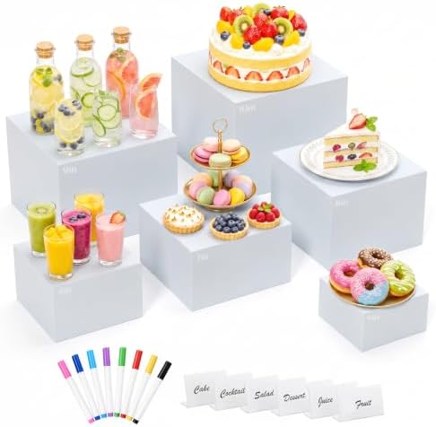 6 Pcs White Buffet Risers with Mini Sign and Marker, Food Risers Display Stands for Buffet Table Party Catering Dessert Jewelry Collectibles,Cube Nesting Boxes with Hollow Bottoms 6 Sizes (10" 9" 8" 7" 6" 5") by URLINE