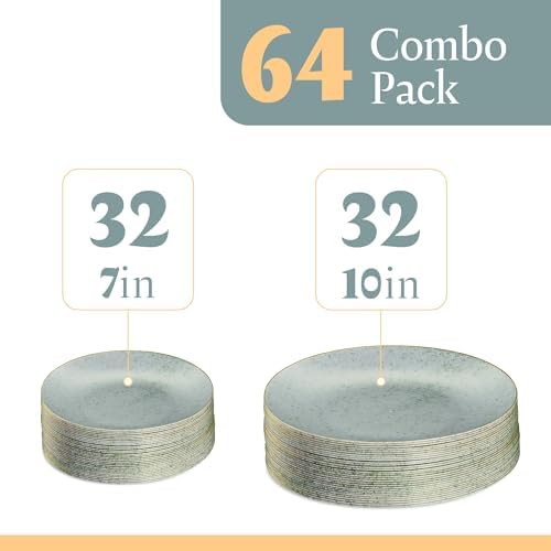 PLASTICPRO 64 Pack Elegant Disposable Plastic Plates Combo Set Includes 32 Dinner Plates and 32 Salad Plate Heavy Duty Fancy Party Plate Green Granite Plates with Gold rim - Image 4