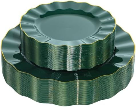 72PCS Dark Green Plastic Plates, Wavy Plates with Gold Rim by QualQuot