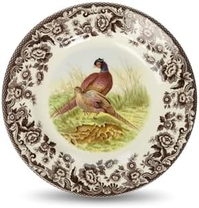 Spode Woodland Pheasant 8" Salad Plate - Rustic Fine Earthenware Dish with Game Bird and British Flowers Border - Made in England, Microwave, Oven, Freezer, Dishwasher Safe - Mix & Match with Delamere by Spode