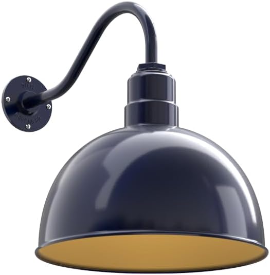 Steel Lighting Co. Hollywood Bowl Light | Outdoor Wall Mounted | 15 inch Bowl Dome | 16" Gooseneck | Barn Light Made in America | Navy Blue Exterior/Brass Interior