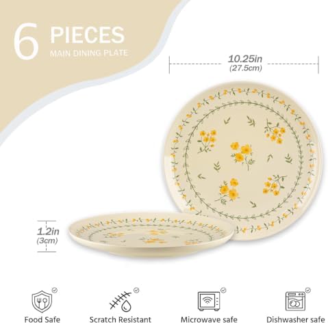 Modern Yellow Daisy Ceramic Dinner Plates, Set of 6, 10.25-Inch Large Serving Plates for Kitchen, Microwave, Oven & Dishwasher Safe - Image 3