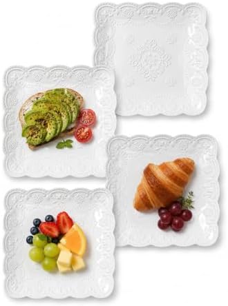 8 Inch Embossed Ceramic Salad Plates Set of 4, White Appetizer Plates with Scalloped Lace Edge, Vintage Square Plates for Salad, Snacks, Brunch, Dessert, Firut, Microwave Oven Dishwasher Safe by SHIDACHENG