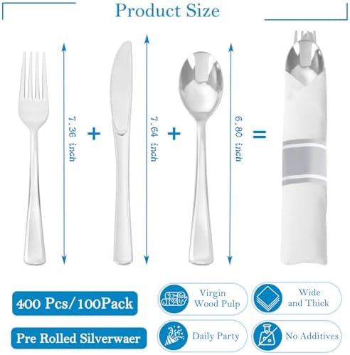 Supernal 100 Pack Pre Rolled Silver Plastic Silverware with Napkins - Image 3