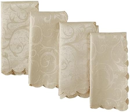 Newbridge Portofino Scalloped Damask Fabric Napkins, Set of 4, Linen, Wrinkle and Stain Resistant Fine Dining Holiday Party Fabric Napkin Set by HomeBargainsPlus