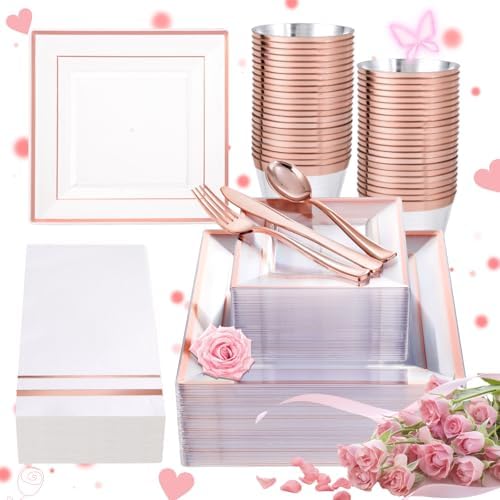 Festiva 350Pcs Rose Gold Plastic Plates - Clear Rose Gold Disposable Dinnerware Sets for 50Guests include 100 Plates 50 Cups 50Plastic Cutlery 50Napkins for Fall Party&Wedding& Bridal Shower by Festiva