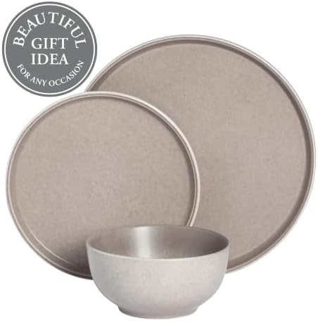 Gibson Elite 12 Piece (Service for 4) Eden Rock Plates and Bowls Reactive Glaze Round Dishes Stoneware Ceramic Dinnerware Set - Grey - Image 4
