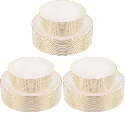 PULOTE 60 PCS Ivory Plastic Plates - Cream Plastic Disposable Include 30 Dinner and 30 Dessert Plates with Gold Rim - Ideal for Party & Wedding (Pack of 3) by PULOTEpartywareWesupplyproductsandyouenjoylife