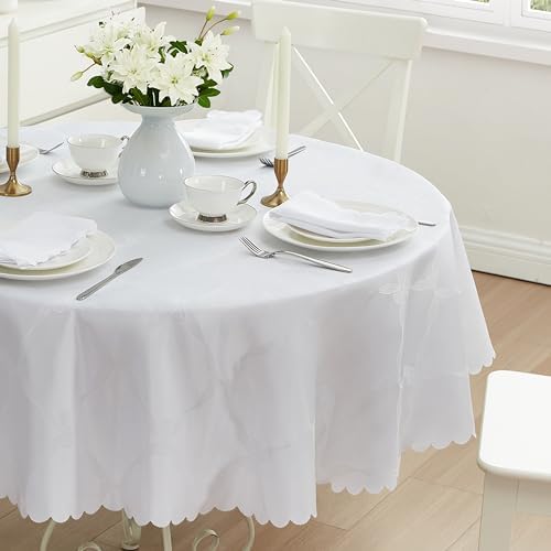 Newbridge Holiday Ribbons Bows White 70" Round Tablecloth | Thanksgiving Christmas Jacquard Damask Table Cover, Water Stain Wrinkle Resistant, Winter Formal Dinner Party Dining Décor - Image 6