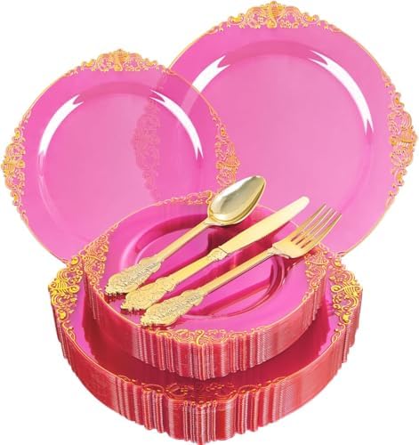 125PCS Clear Hot Pink Plastic Plates for Wedding Party Birthday by Joyido