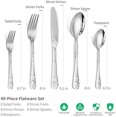 40 Piece Silverware Set, Stainless Steel Flatware Cutlery Set Service for 8, Mirror Polished Tableware Eating Utensils Set for Home Kitchen, Include Knife Fork Spoon Set, Dishwasher Safe - Image 2
