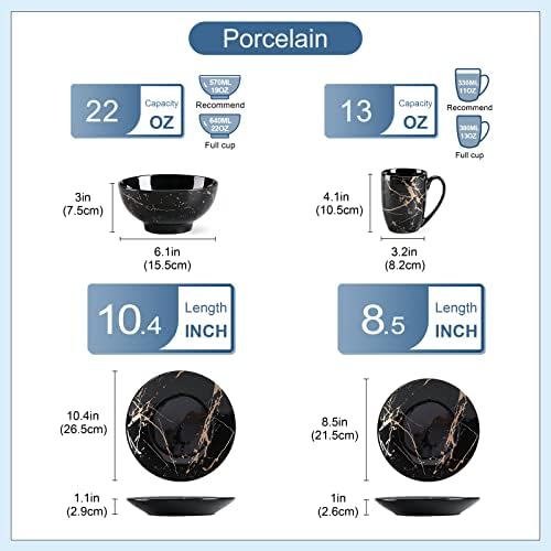 LOVECASA Black Plates and Bowls Sets for 4, Porcelain Dinnerware Sets 16 Piece Gold Splash Glaze Ceramic Dish Set, Round Dinner Set with Mugs, Dishwasher Microwave Safe - Image 2